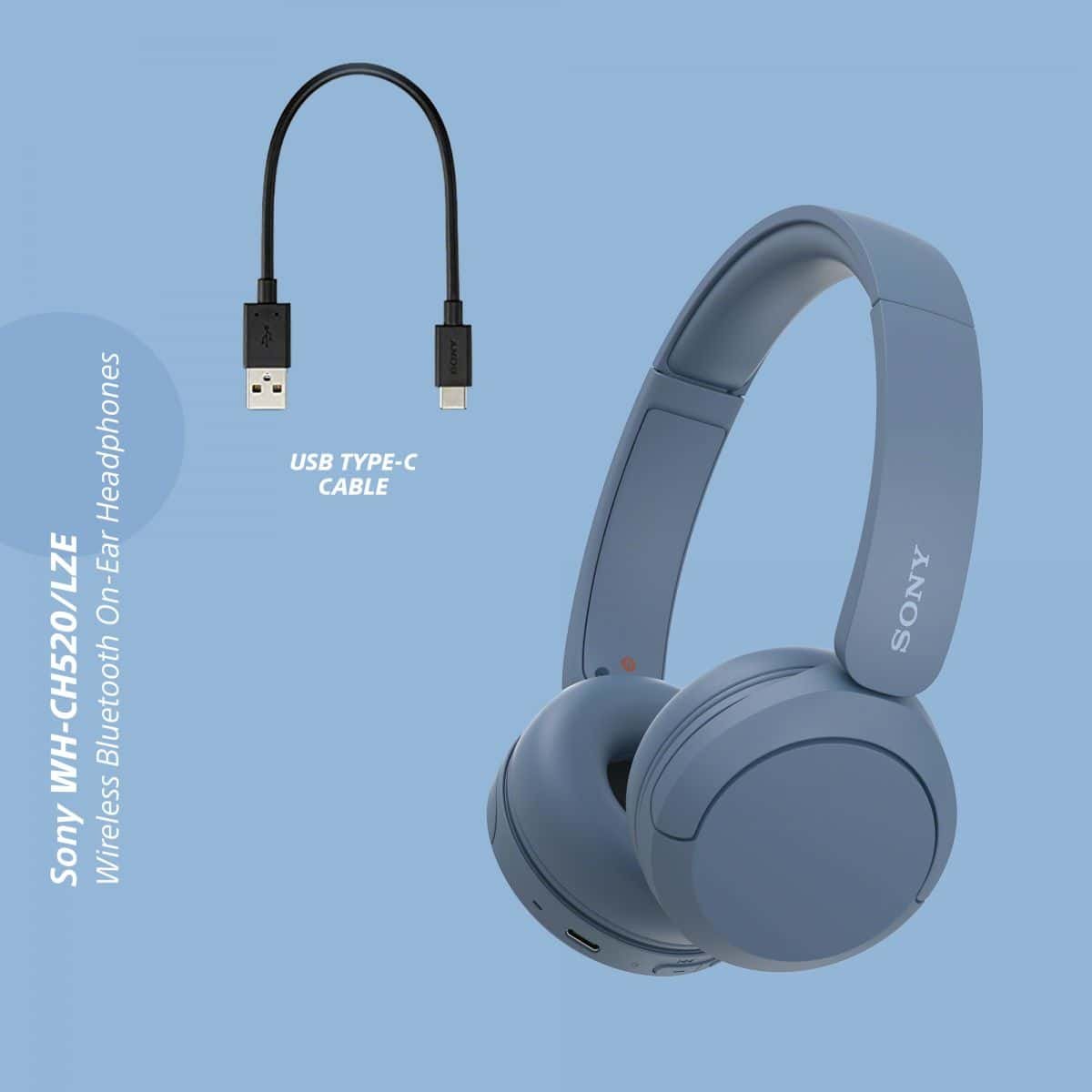 Sony WH-CH520 Azul Lado, com cabo USB-C